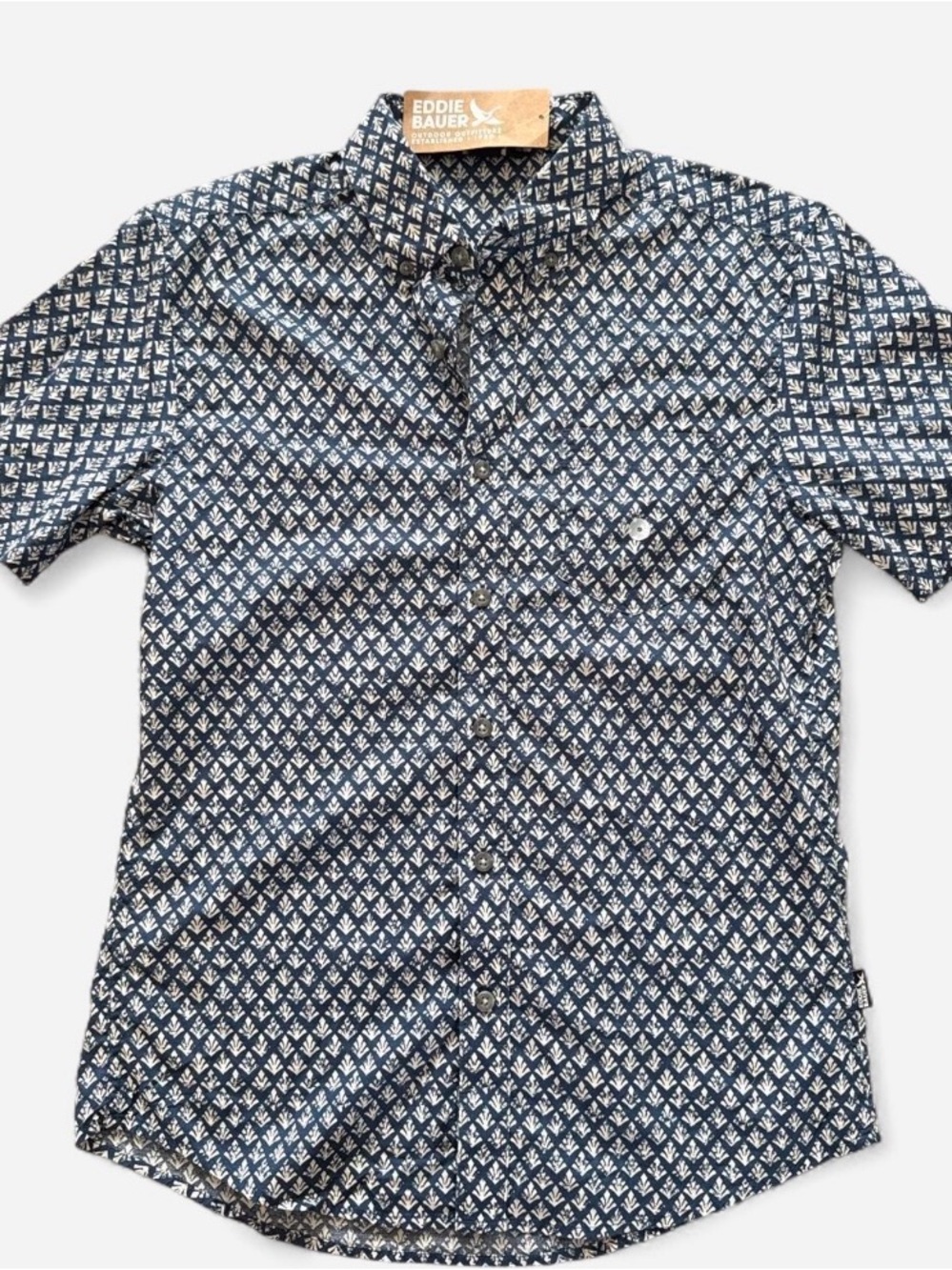 Eddie Bauer Navy Short-Sleeve Patterned Button-Down Shirt